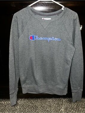 Champion Gray Crewneck Sweatshirt with Blue & Red Embroidered Logo